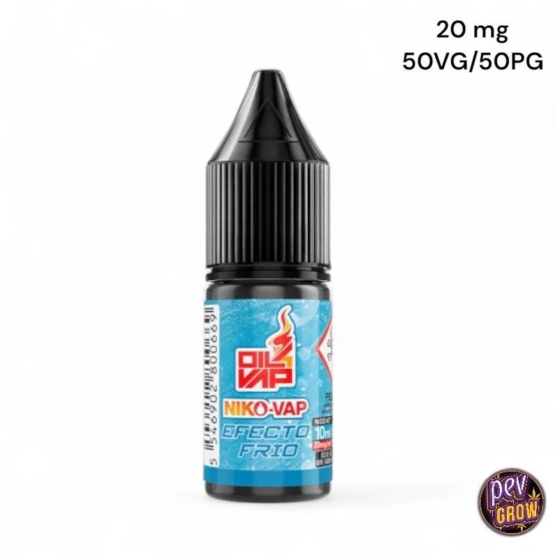 Bote Oil4Vap NikoVap Efecto Frío con tapón negro y etiqueta azul; texto superior de 20 mg y proporción 50VG/50PG.