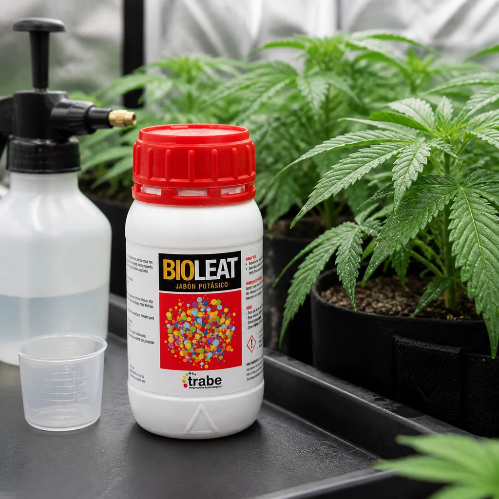Bote de Bioleat Trabe con tapón rojo y etiqueta de jabón potásico, junto a un pulverizador y un vaso medidor delante de plantas de cannabis.