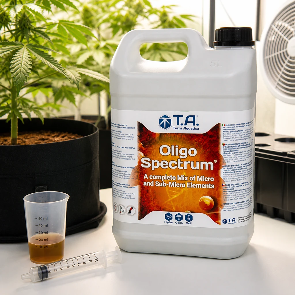 Garrafa de Oligo Spectrum de Terra Aquatica junto a un vaso graduado con líquido ámbar y una jeringa, con plantas y un ventilador al fondo.