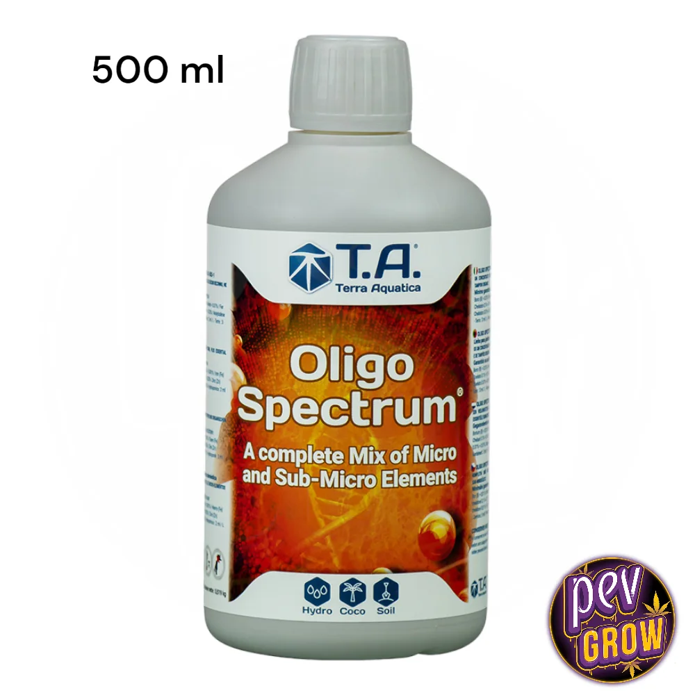 Botella de Oligo Spectrum de Terra Aquatica con tapón estriado y etiqueta naranja y roja sobre fondo blanco.