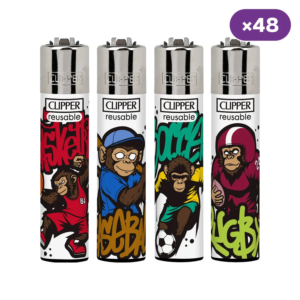 Selección de encendedores Clipper Olympian Monkeys con monos deportistas y grafitis de colores sobre fondo blanco; distintivo ×48.