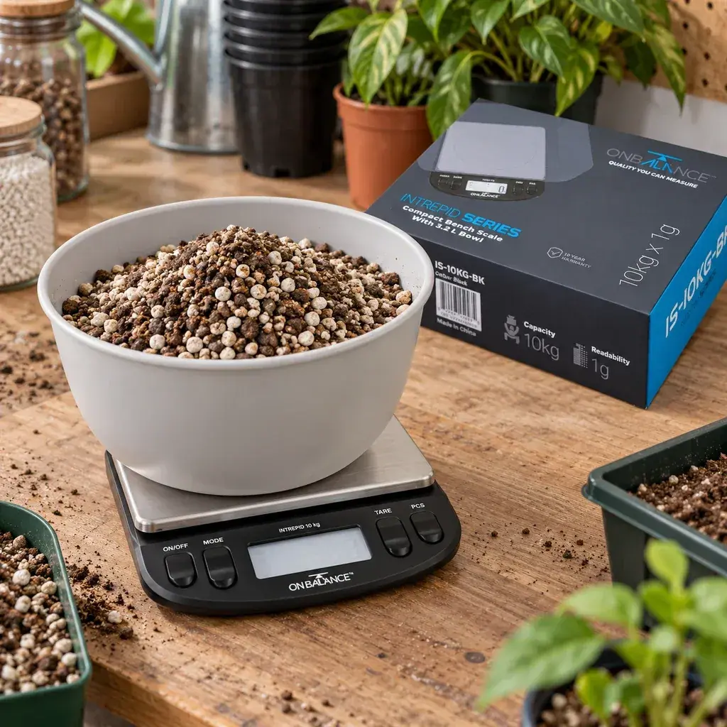 Báscula On Balance Intrepid con un cuenco lleno de sustrato sobre la plataforma, junto a su caja y varias plantas en una mesa.