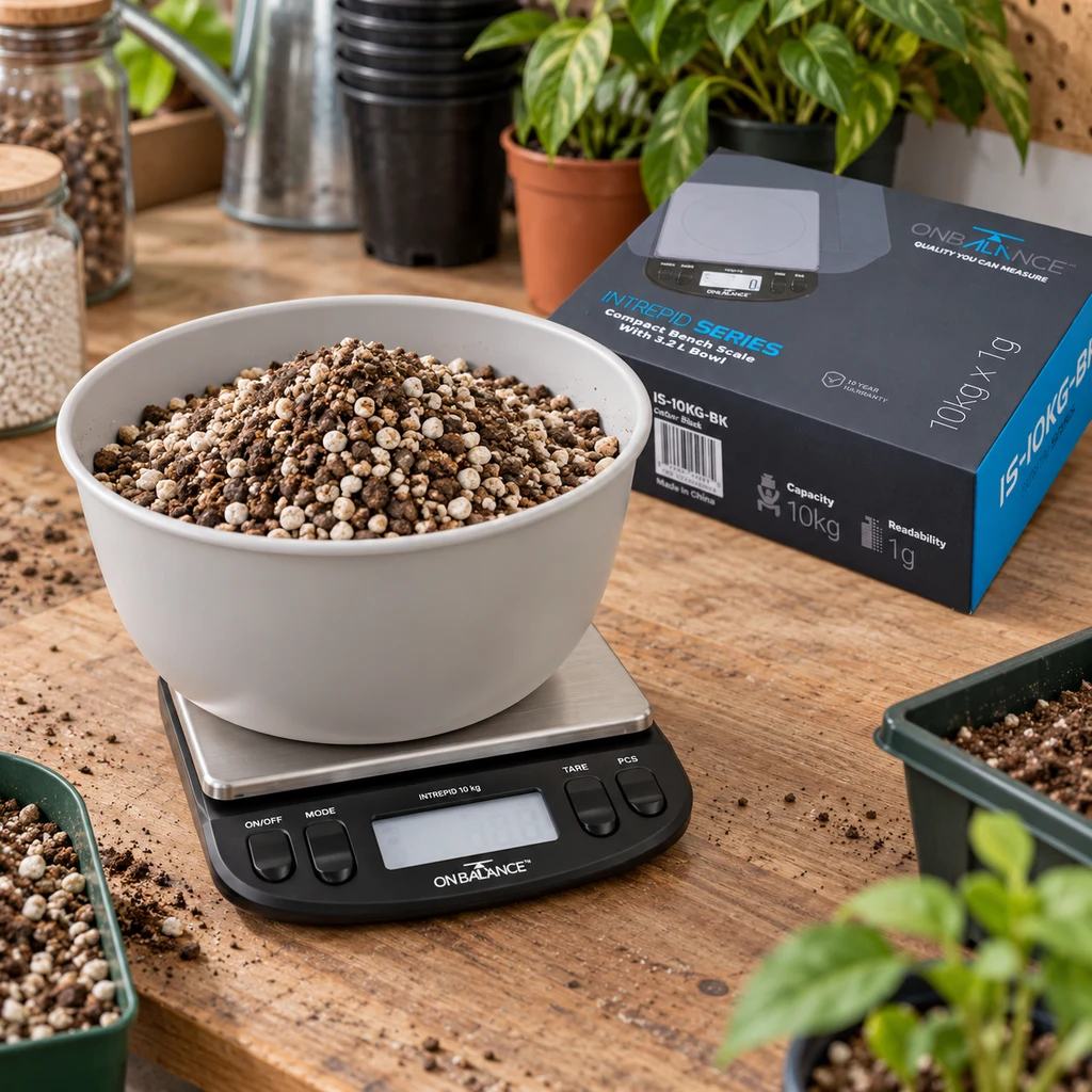 Báscula On Balance Intrepid con un cuenco lleno de sustrato sobre la plataforma, junto a su caja y varias plantas en una mesa.