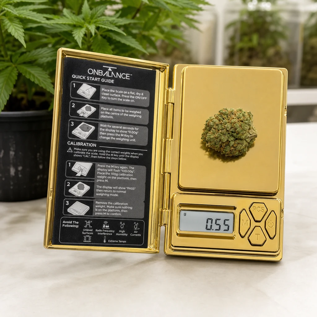 Báscula On Balance Shine Gold abierta, con acabado dorado, un cogollo sobre la plataforma y pantalla que marca 0,55 g.