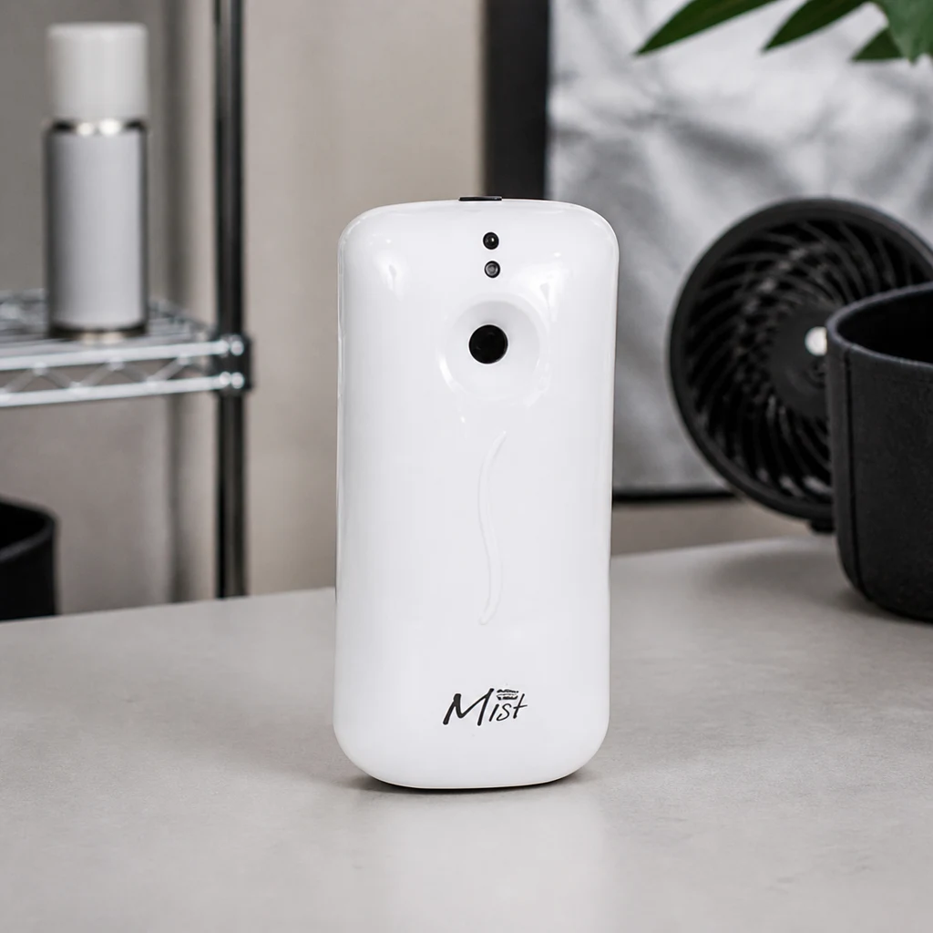 Dispensador Ona Mist blanco con abertura circular negra, sobre una mesa junto a un ventilador y una maceta en una escena generada.
