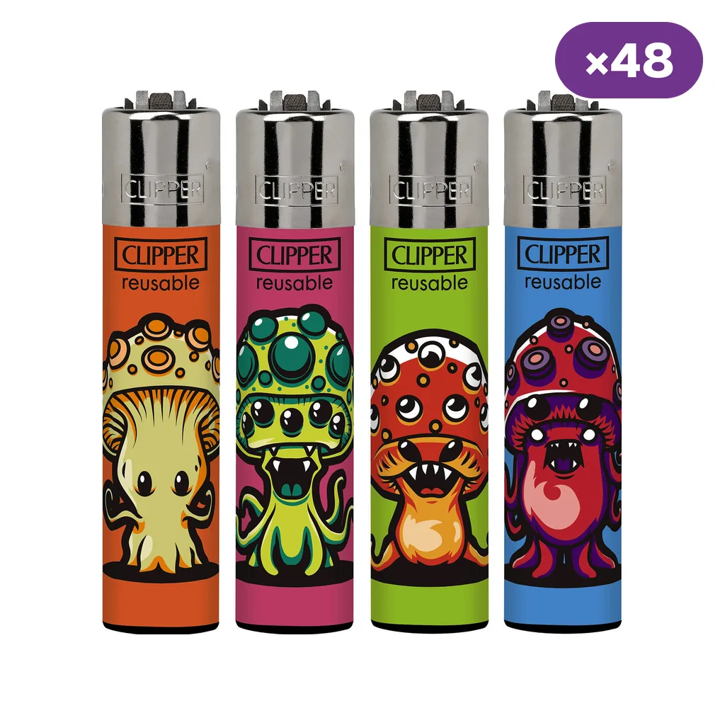 Selección de encendedores Clipper Onis 3 con fondos de distintos colores y dibujos de setas monstruosas; distintivo de 48 unidades.