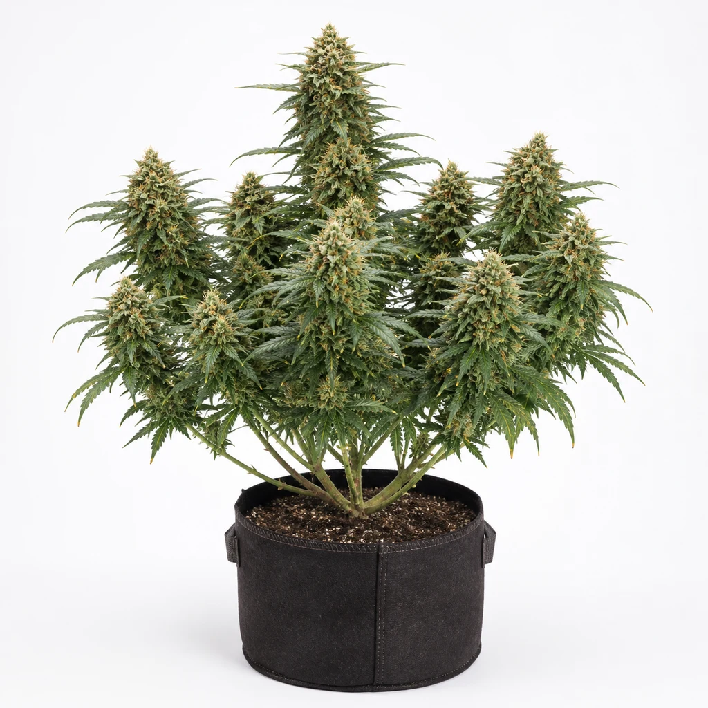 Ilustración de una planta en floración para la ficha de Orange Bud Feminizada, con varias colas y maceta negra sobre fondo blanco.