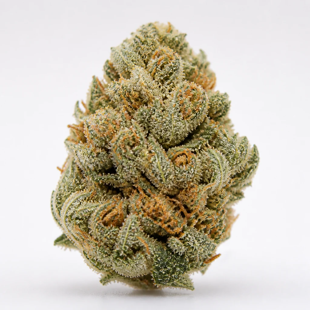 Ilustración de un cogollo alargado verde con pistilos anaranjados y cobertura blanquecina para la ficha de Orange Kush Auto.