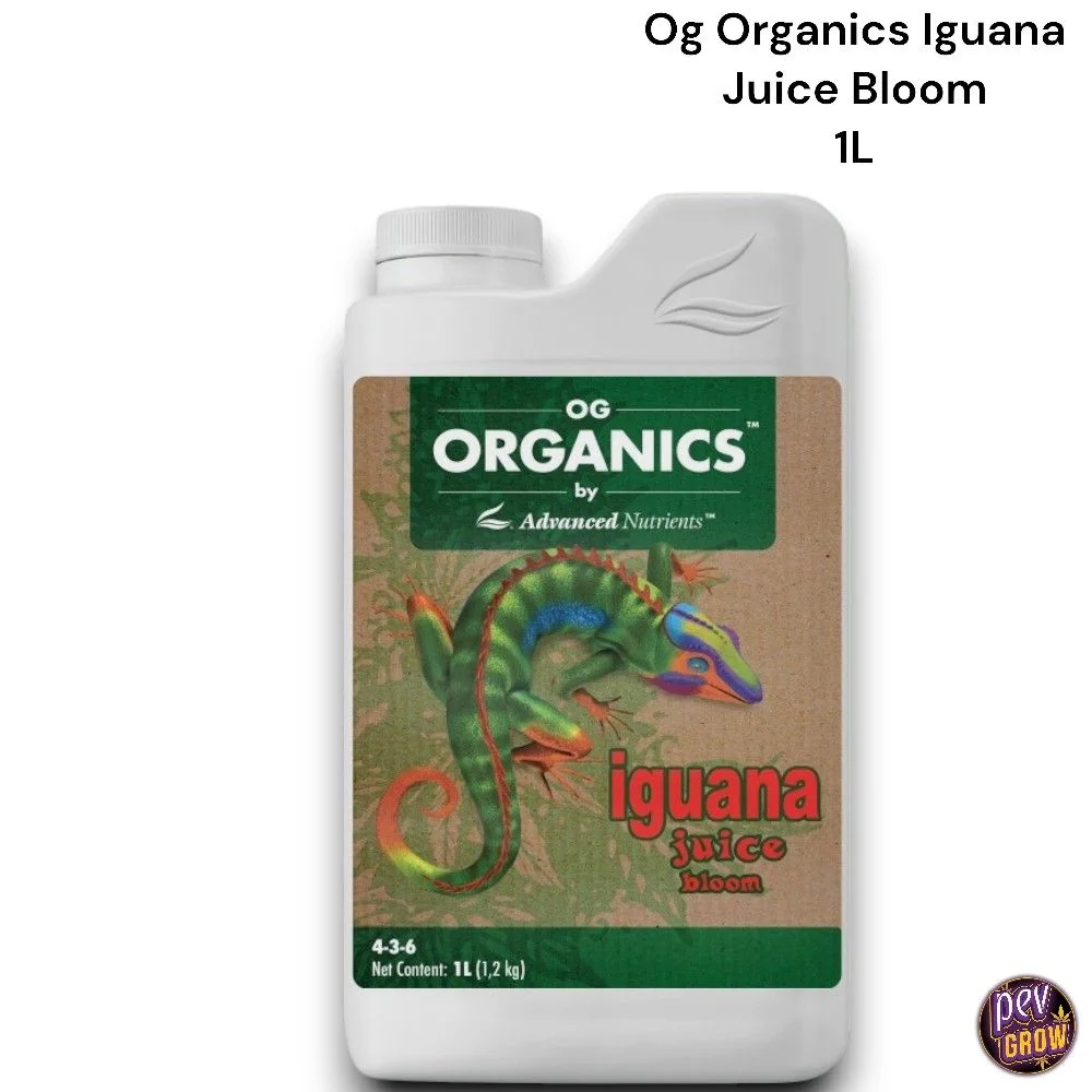 Envase blanco de OG Organics Iguana Juice Bloom de 1 L, con tapón lateral y etiqueta ilustrada con una iguana de colores.