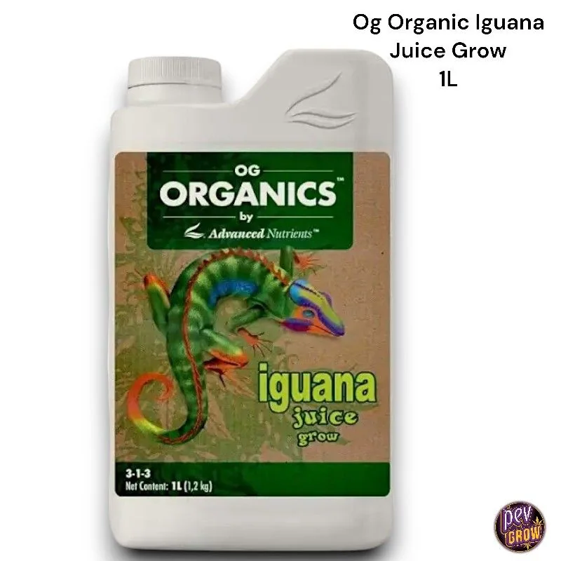Envase blanco de Iguana Juice Grow de Advanced Nutrients, con etiqueta verde y marrón, iguana multicolor e indicación de 1 L.