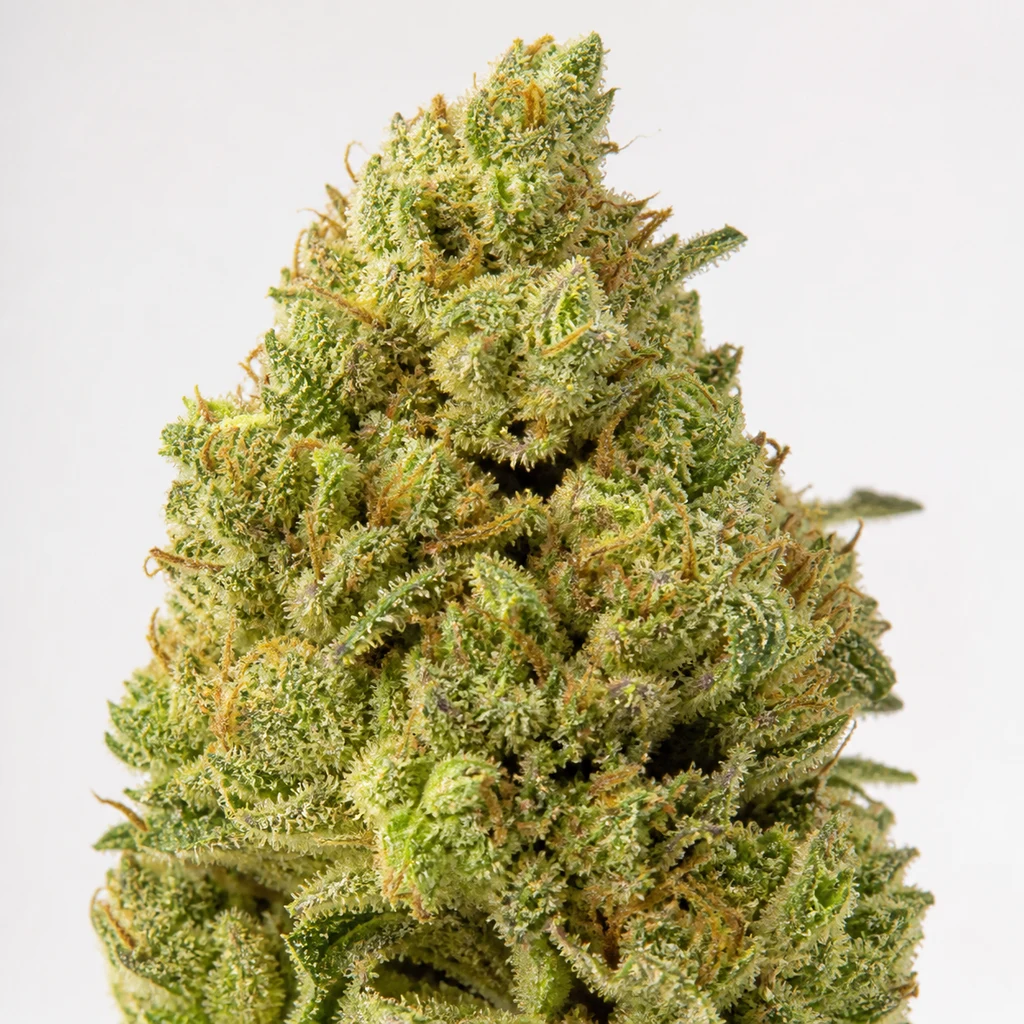 Ilustración de un cogollo para la ficha de Original Auto Amnesia Haze de Fast Buds, alargado y verde, con pistilos anaranjados sobre fondo claro.
