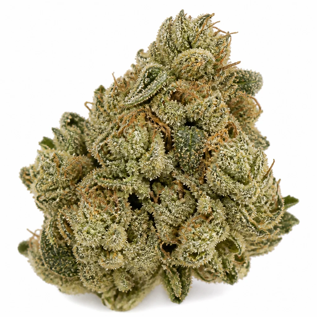 Ilustración de un cogollo verde con filamentos anaranjados y superficie blanquecina para la ficha de Original Auto Chemdawg de Fast Buds.