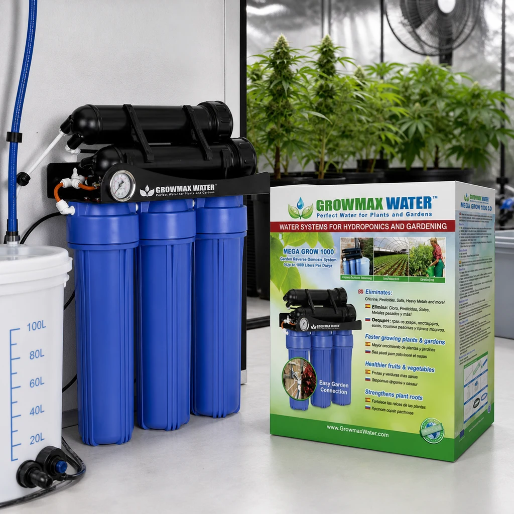 Escena generada del sistema Mega Grow 1000 con filtros azules, manómetro y caja, junto a un depósito y plantas en un cultivo interior.