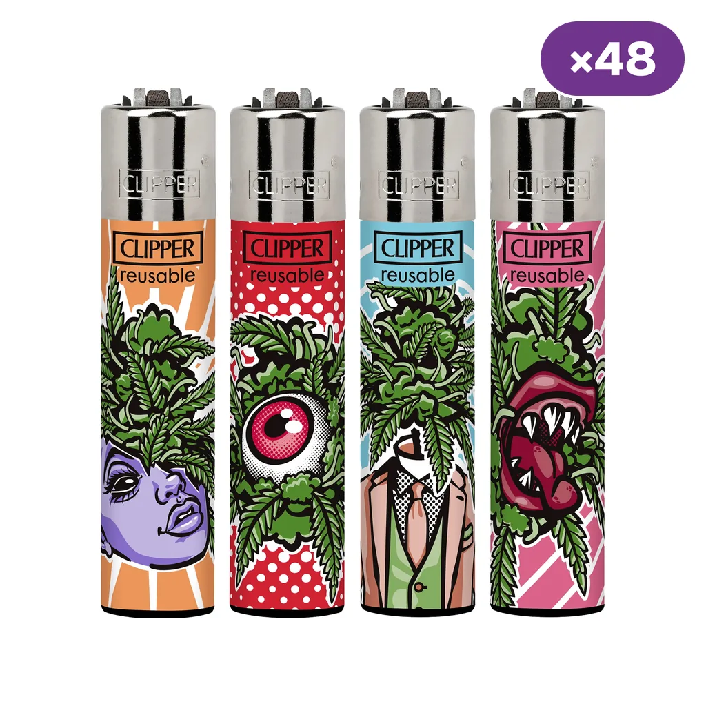 Selección de encendedores Clipper Out of Weed con distintos dibujos de criaturas y hojas verdes, fondos de colores e indicación de 48 unidades.