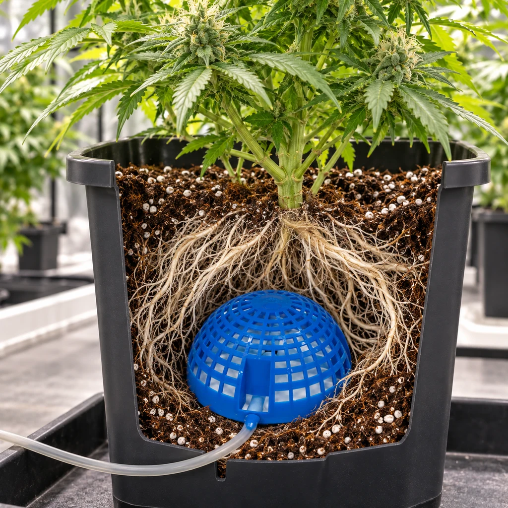 Representación del AirDome de AutoPot, una cúpula azul conectada a un tubo bajo las raíces de una planta en una maceta vista en sección.