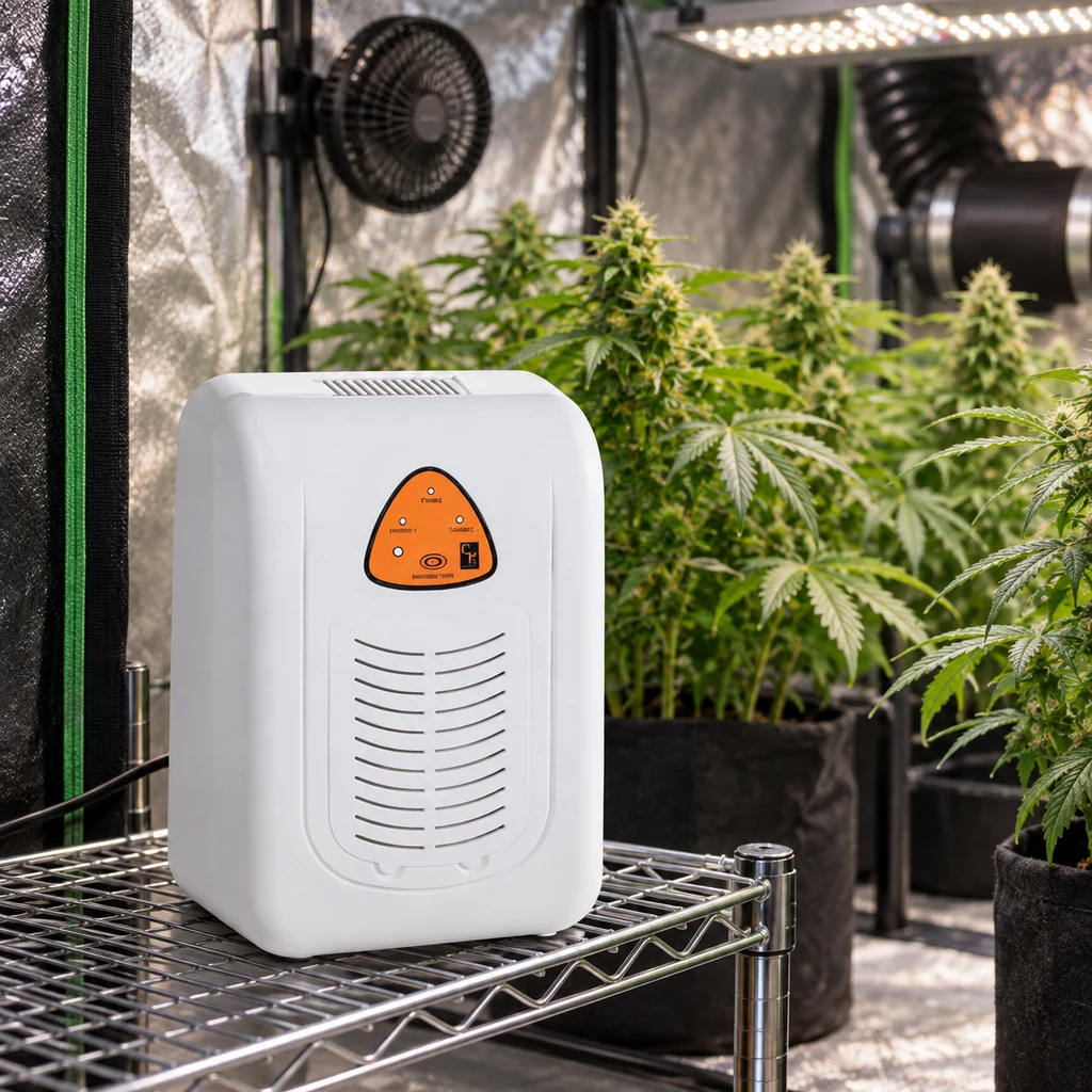 Ozonizador Cornwall blanco con panel naranja sobre una estantería metálica, dentro de un armario con plantas, ventilador y luz LED.