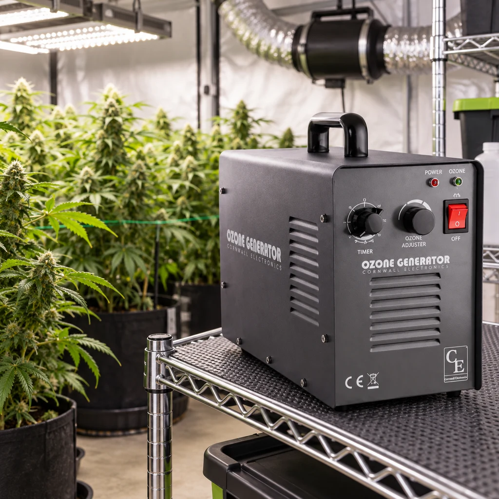 Generador de ozono Cornwall Electronics con asa, mandos e interruptor rojo, sobre una estantería junto a plantas en un cultivo interior.