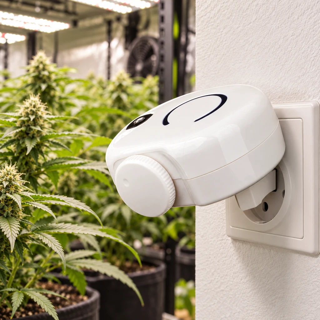 Escena generada de un purificador FA50 blanco enchufado a una toma de pared, con mando circular y plantas de cannabis al fondo.