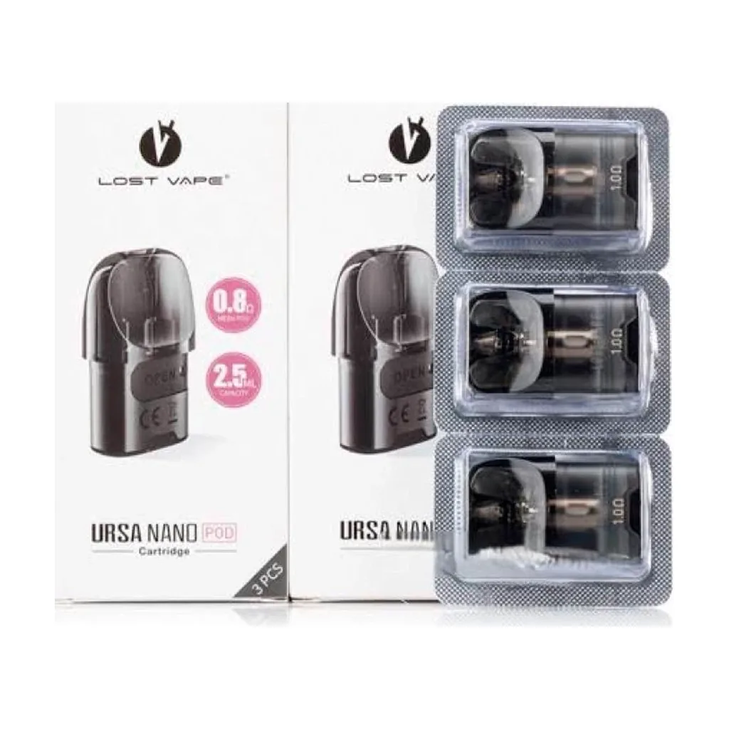 Cartuchos Lost Vape Ursa Nano en blíster junto a cajas con indicaciones de 0,8 ohm y 2,5 ml; los cartuchos muestran 1,0 ohm.