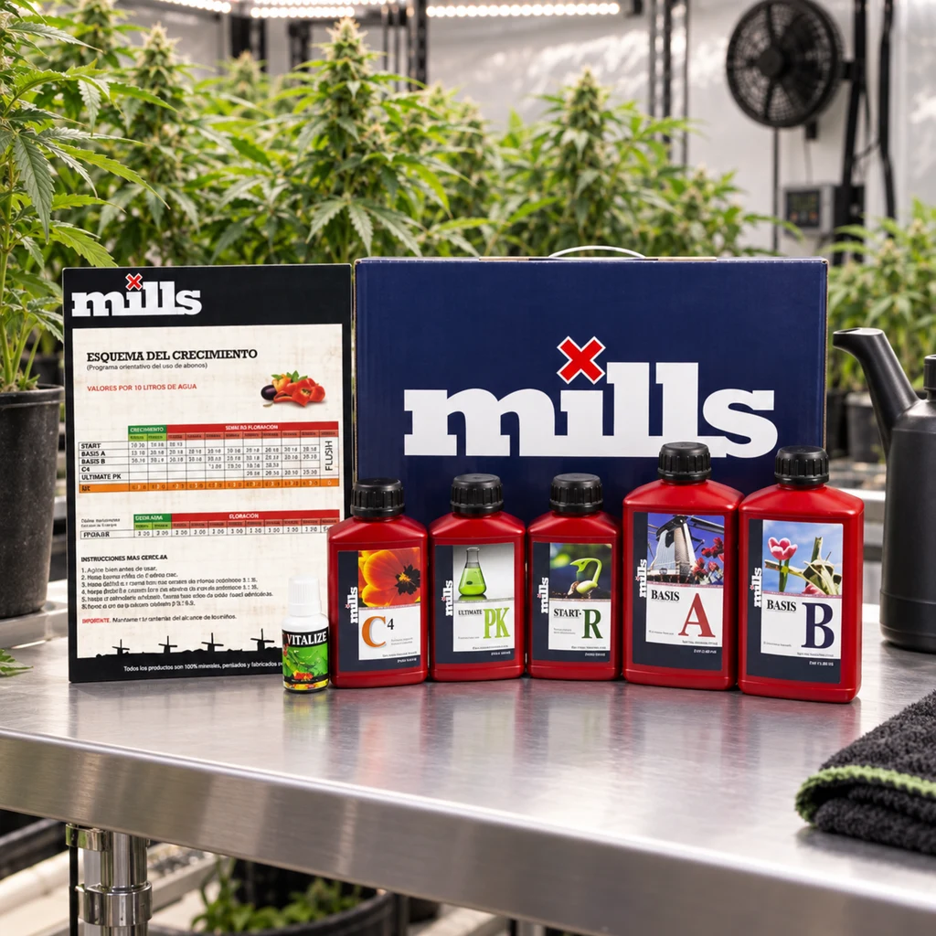 Kit de fertilizantes Mills con botellas rojas, bote pequeño, caja azul y tabla de cultivo sobre una mesa, con plantas al fondo. Kit de fertilizantes Mills con botellas rojas, bote pequeño, caja azul y tabla de cultivo sobre una mesa, con plantas al fondo.