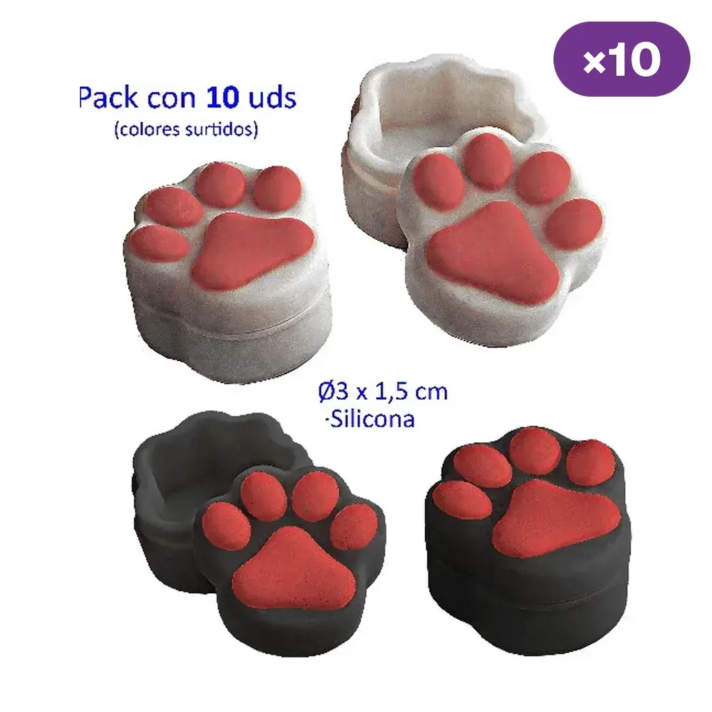 Cajitas de silicona con forma de huella de gato, en blanco y negro con almohadillas rojas, mostradas abiertas y cerradas.