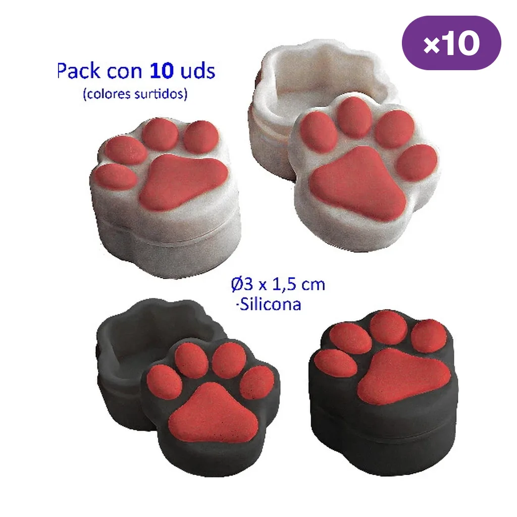 Cajitas de silicona con forma de huella de gato, en blanco y negro con almohadillas rojas, mostradas abiertas y cerradas.