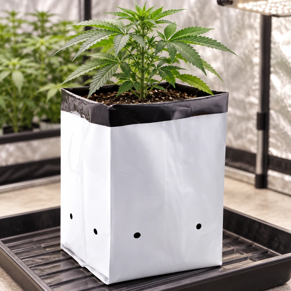 Escena generada de una maceta blanca de borde negro y orificios inferiores, con una planta de cannabis sobre una bandeja en un armario de cultivo. Escena generada de una maceta blanca de borde negro y orificios inferiores, con una planta de cannabis sobre una bandeja en un armario de cultivo.
