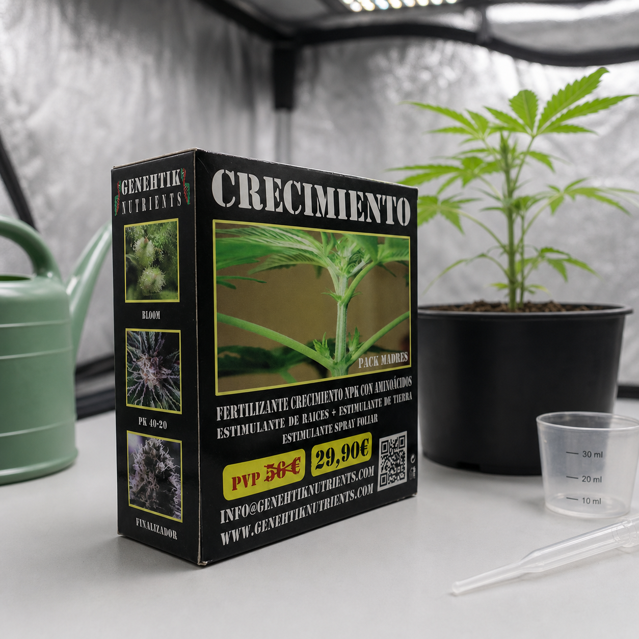 Caja Genehtik Nutrients Crecimiento en un armario de cultivo, junto a una planta en maceta, una regadera, un vaso medidor y una pipeta. Caja Genehtik Nutrients Crecimiento en un armario de cultivo, junto a una planta en maceta, una regadera, un vaso medidor y una pipeta.