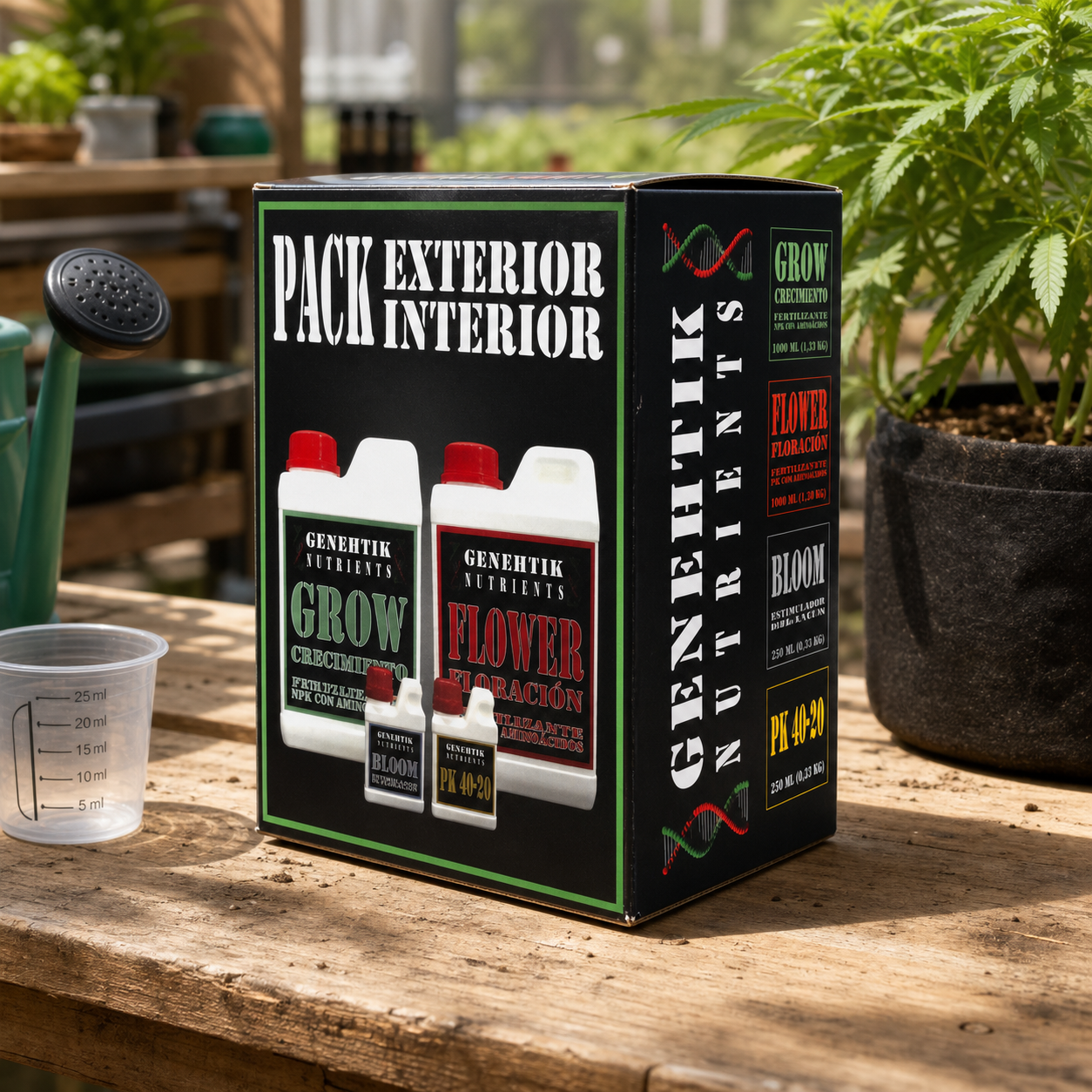 Caja Genehtik Nutrients con ilustraciones de envases Grow, Flower, Bloom y PK 40-20 sobre una mesa, junto a un vaso medidor y una maceta. Caja Genehtik Nutrients con ilustraciones de envases Grow, Flower, Bloom y PK 40-20 sobre una mesa, junto a un vaso medidor y una maceta.