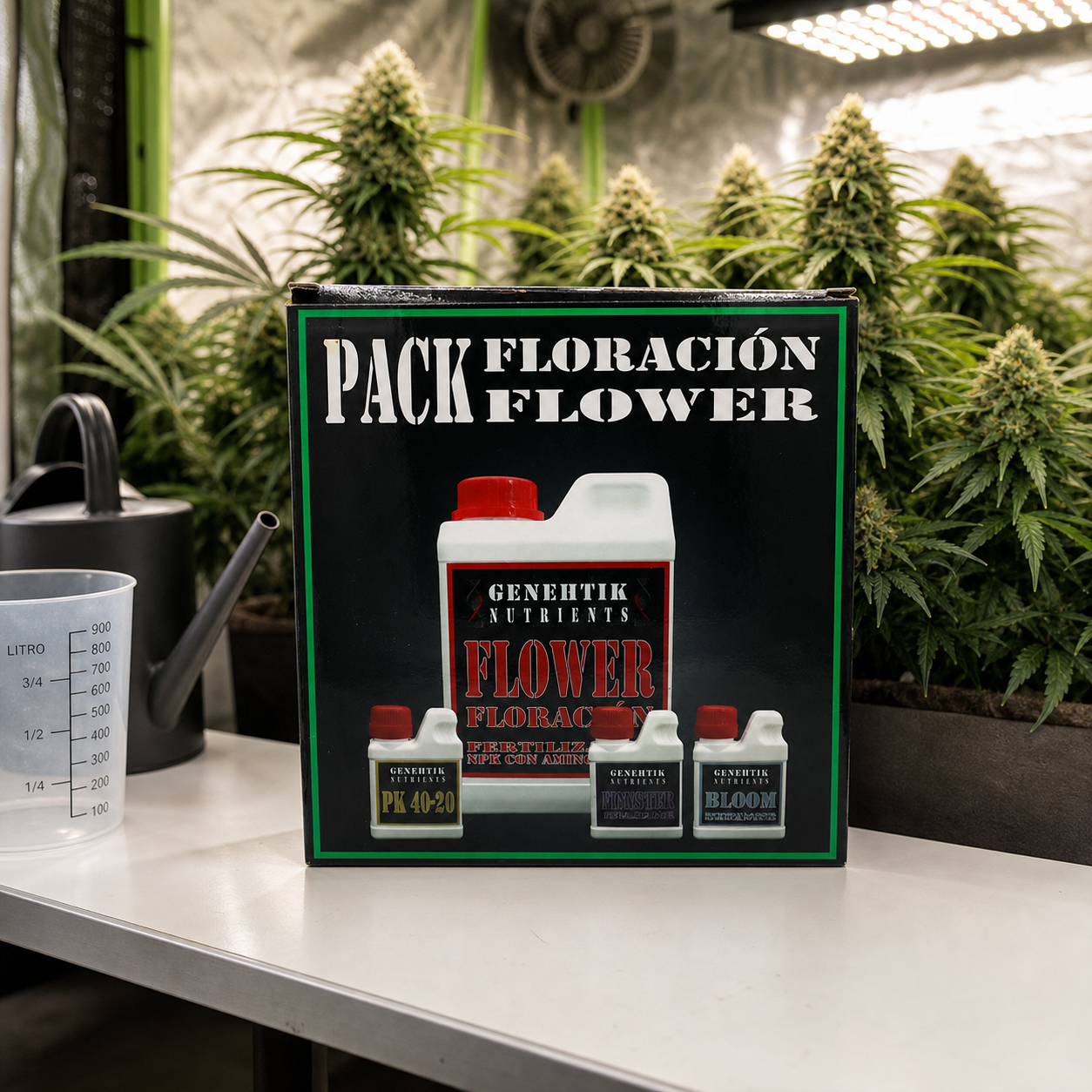 Caja Genehtik Nutrients Pack Floración sobre una mesa, con envases ilustrados y plantas en floración bajo una lámpara al fondo. Caja Genehtik Nutrients Pack Floración sobre una mesa, con envases ilustrados y plantas en floración bajo una lámpara al fondo.