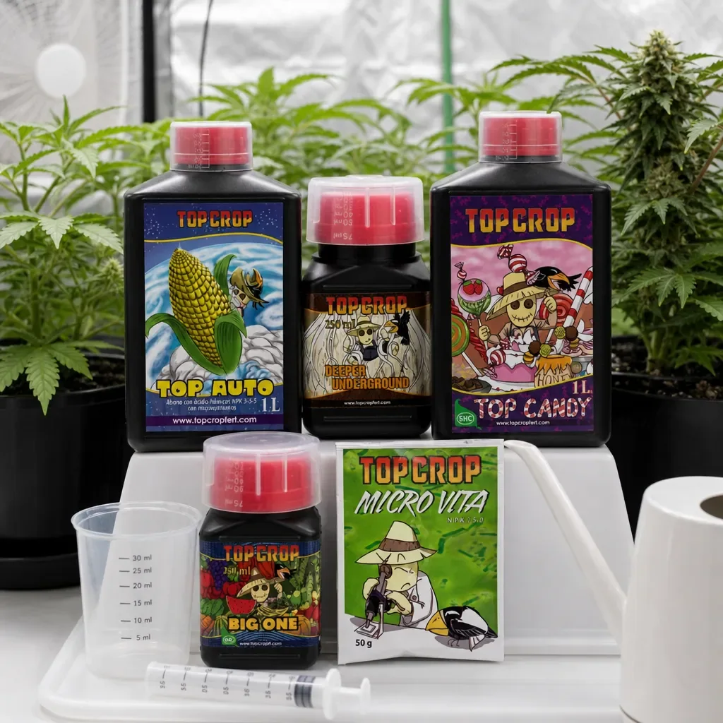 Productos Top Crop Top Auto, Deeper Underground, Top Candy, Big One y Micro Vita, con vaso medidor y jeringa ante plantas de cannabis.