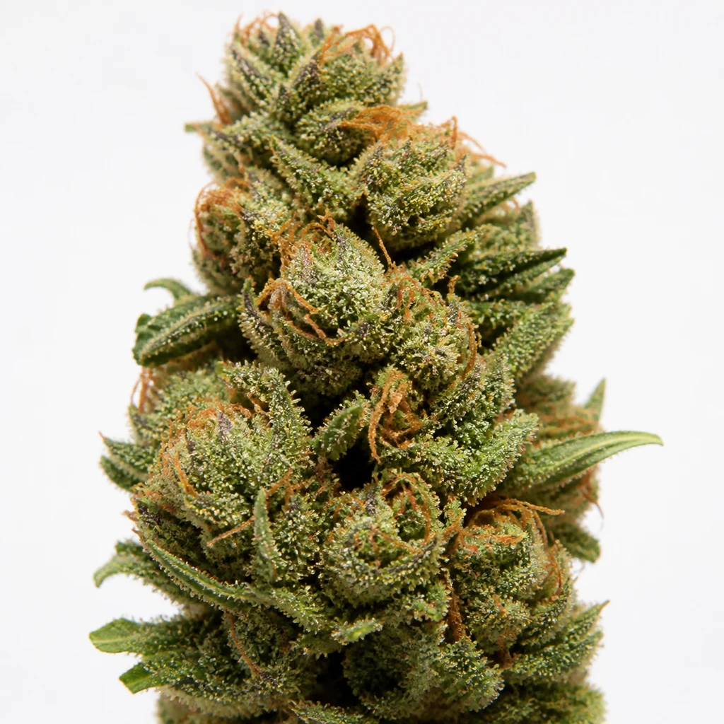 Ilustración de un cogollo alargado con hojas verdes y filamentos anaranjados para la ficha de Pack Mixto Auto RF3 – Fast Buds.