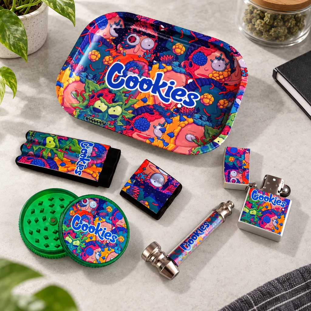Accesorios Cookies con dibujos multicolores: bandeja, grinder verde abierto, pipa, mechero abierto y estuches sobre una encimera.