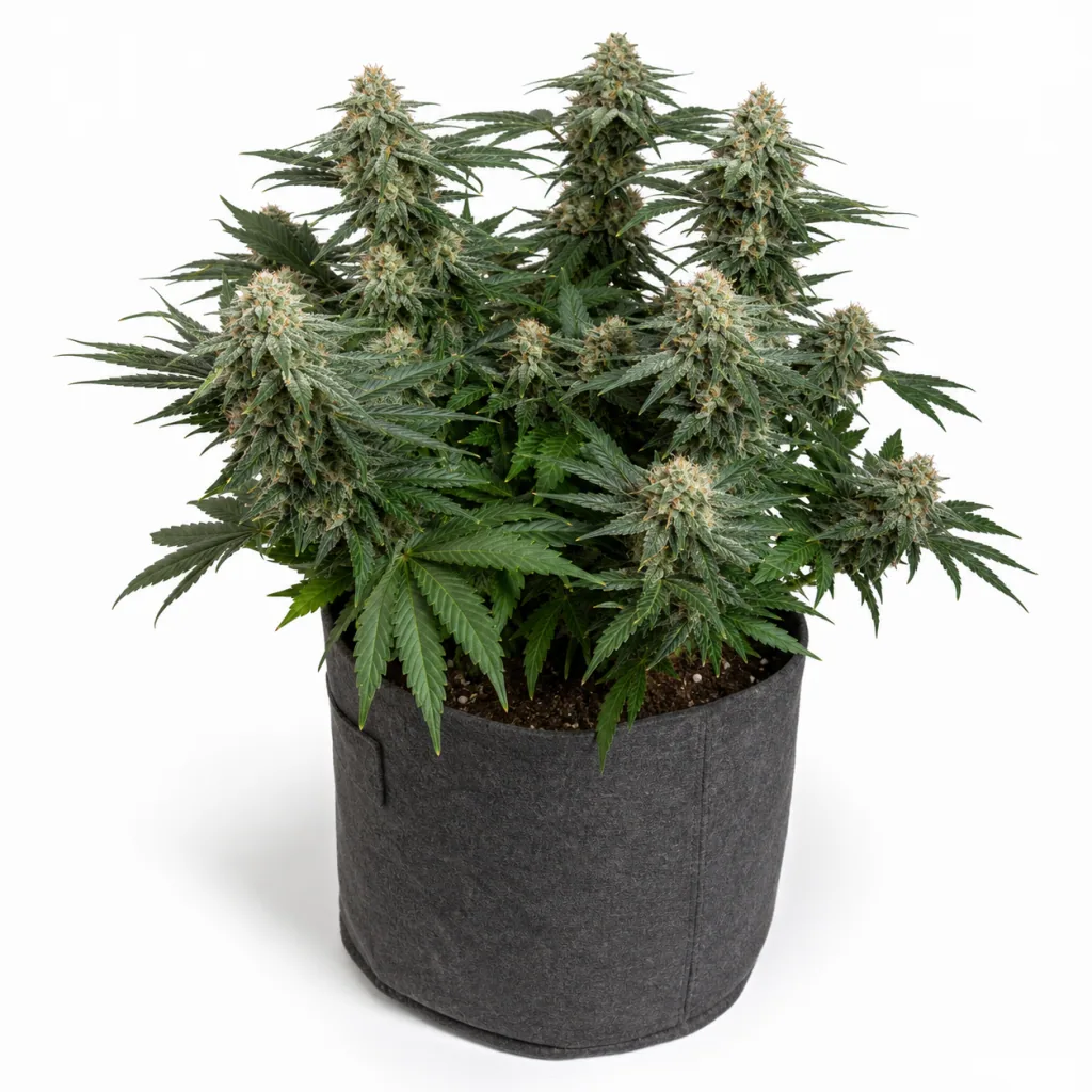 Planta de Painkiller XL Feminizada en floración, con abundantes cogollos y hojas verdes en una maceta textil gris sobre fondo blanco.