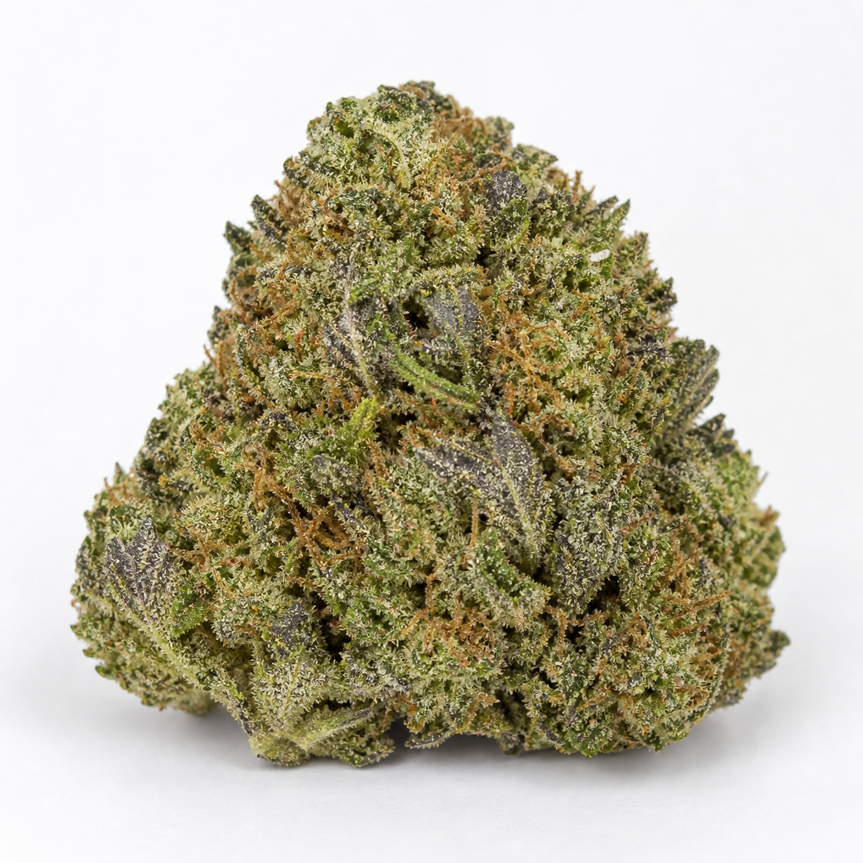 Cogollo de Bubba Kush x PCK de forma triangular, con hojas verdes y violáceas, filamentos anaranjados y cobertura blanquecina sobre fondo blanco.