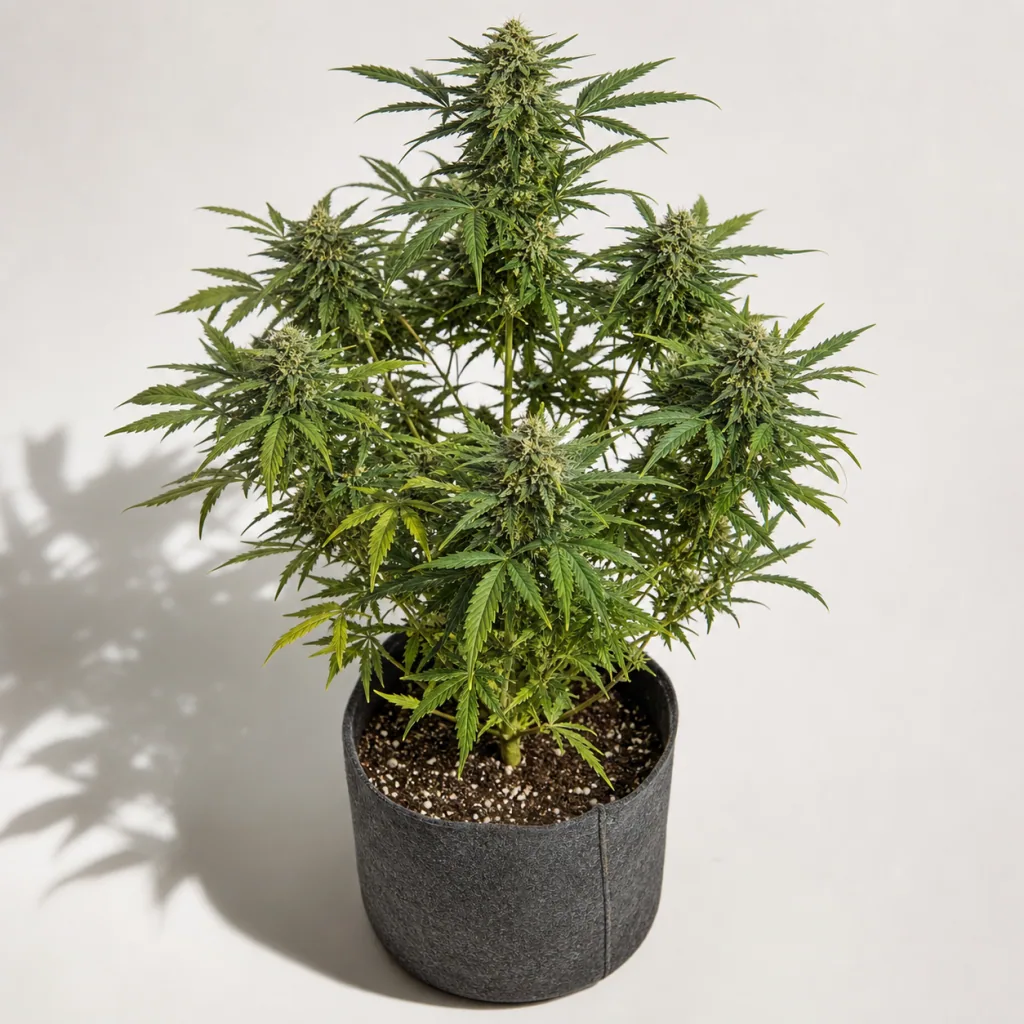 Bubba Kush x PCK Regular en floración, con cogollos alargados y hojas verdes, en maceta de tela gris sobre fondo claro.