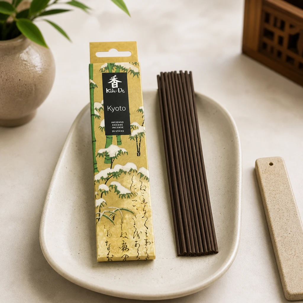 Caja de incienso Koh Do Kyoto decorada con bambú junto a varias varillas oscuras sobre una bandeja y un soporte a la derecha.