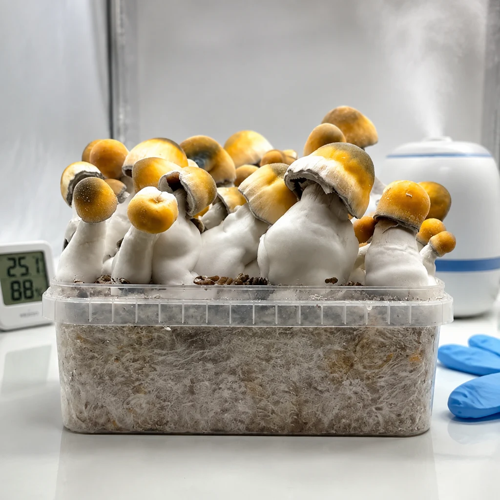 Recipiente de cultivo con setas de tallos blancos gruesos y sombreros dorados, junto a un medidor digital y unos guantes azules.