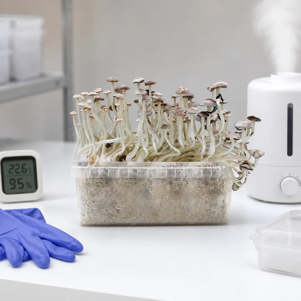 Recipiente de cultivo con setas de tallos largos y claros, junto a un termohigrómetro, guantes azules y un humidificador.