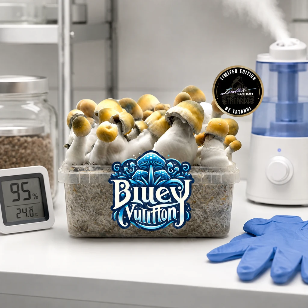 Escena generada del kit Bluey Vuitton con setas de tallos gruesos y sombreros amarillos, junto a un higrómetro, humidificador y guantes.
