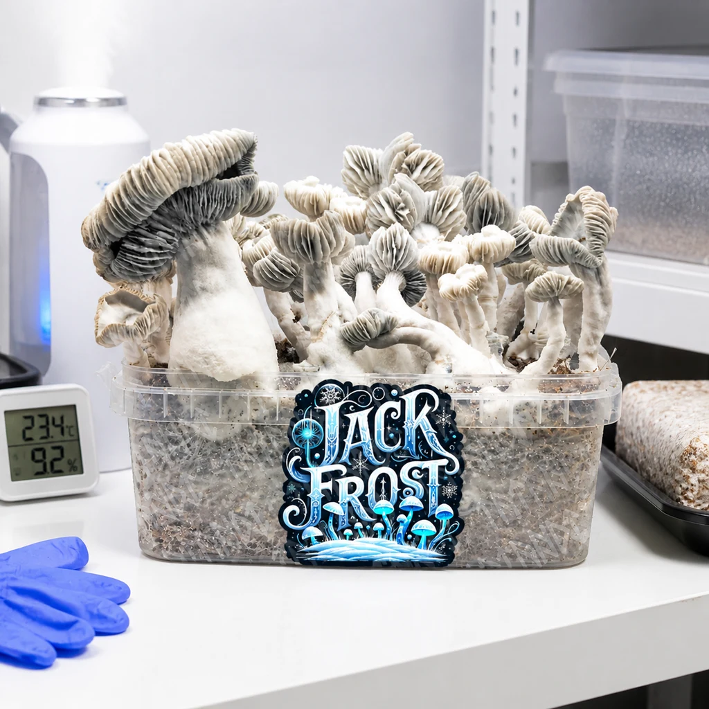 Escena generada del kit Jack Frost con setas blancas de sombreros ondulados en una cubeta, junto a un termohigrómetro y guantes azules.