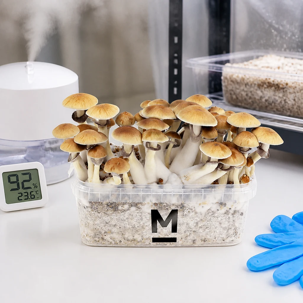 Escena generada del kit de setas Melmac con setas de sombrero dorado en un recipiente, junto a un humidificador, medidor y guantes azules.