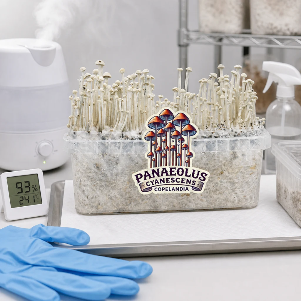 Recipiente con setas de tallos finos y etiqueta Panaeolus cyanescens Copelandia, junto a humidificador, termohigrómetro y guantes azules.