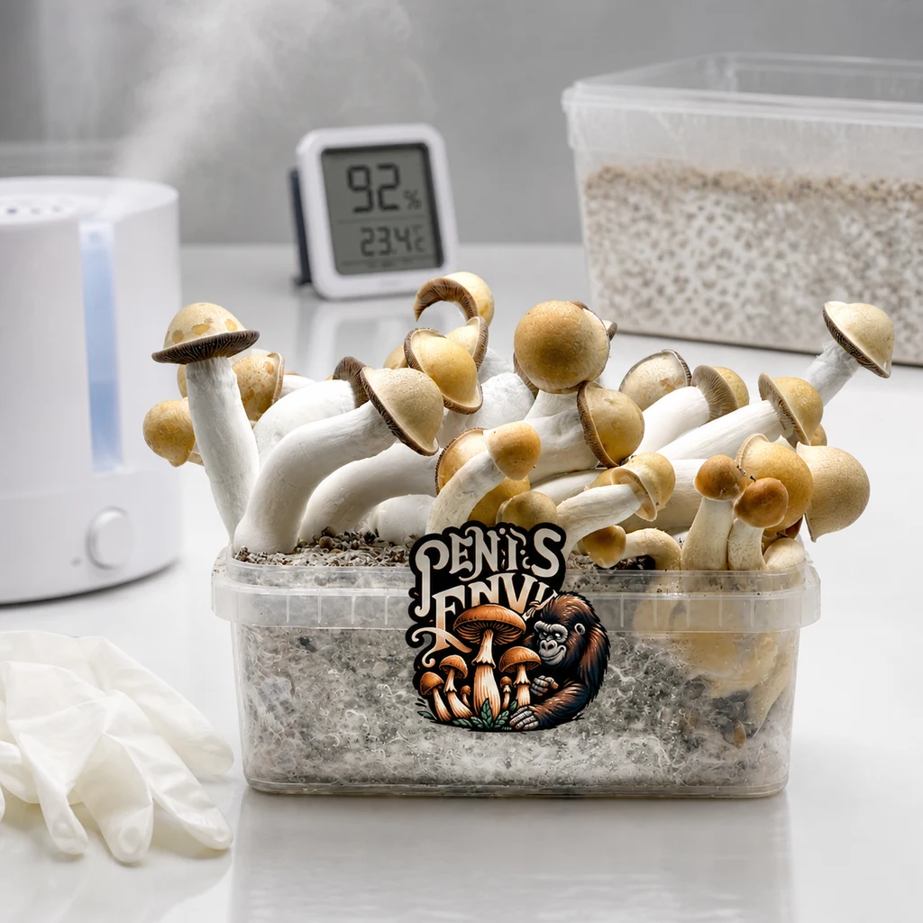 Kit de Cultivo Penis Envy representado con setas de tallos blancos y sombreros dorados, junto a un humidificador y un medidor digital.