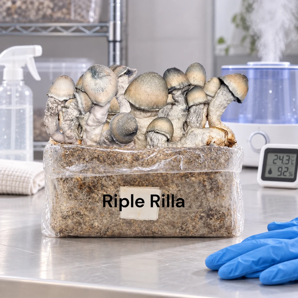 Escena generada del kit Riple Rilla con setas sobre un bloque de sustrato, junto a un pulverizador, un humidificador y guantes azules.