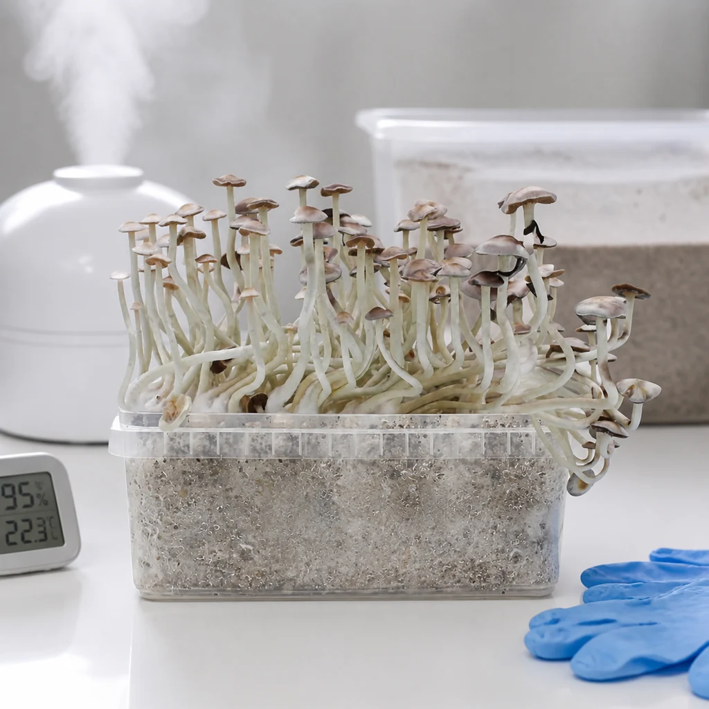 Kit Super Natalensis con setas de tallos largos y sombreros marrones en un recipiente, junto a un humidificador y guantes azules.
