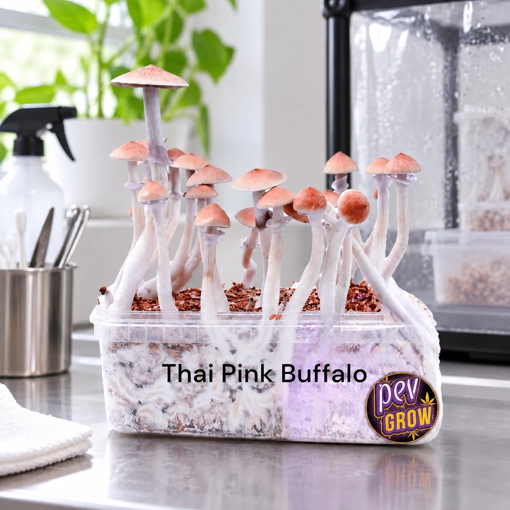 Escena generada del kit Thai Pink Buffalo con setas de tallos claros y sombreros rosados en un recipiente, junto a una cámara con condensación.
