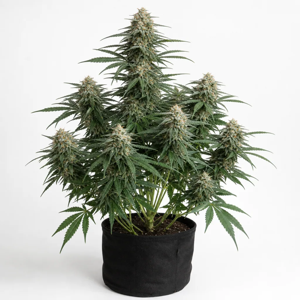 Planta de Panama Haze Regular en maceta negra, con una punta central alta, cogollos laterales alargados y hojas estrechas sobre fondo blanco.