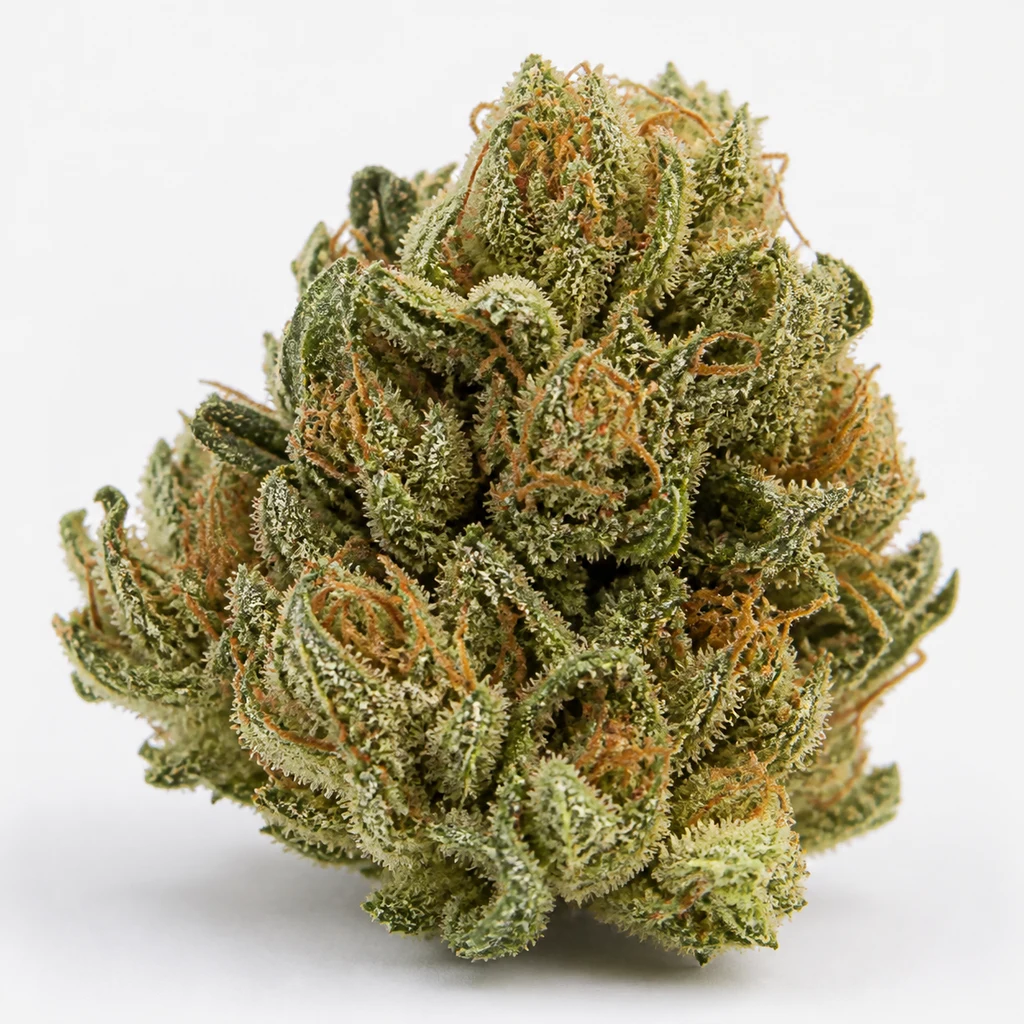 Ilustración de un cogollo verde con hojas curvadas y filamentos anaranjados para la ficha de Papaya Cooler Feminizada.