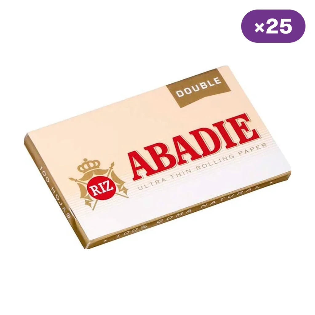 Librillo de papel de liar Abadie con texto «Double», diseño crema y dorado y letras rojas, junto a un indicador de 25 unidades.